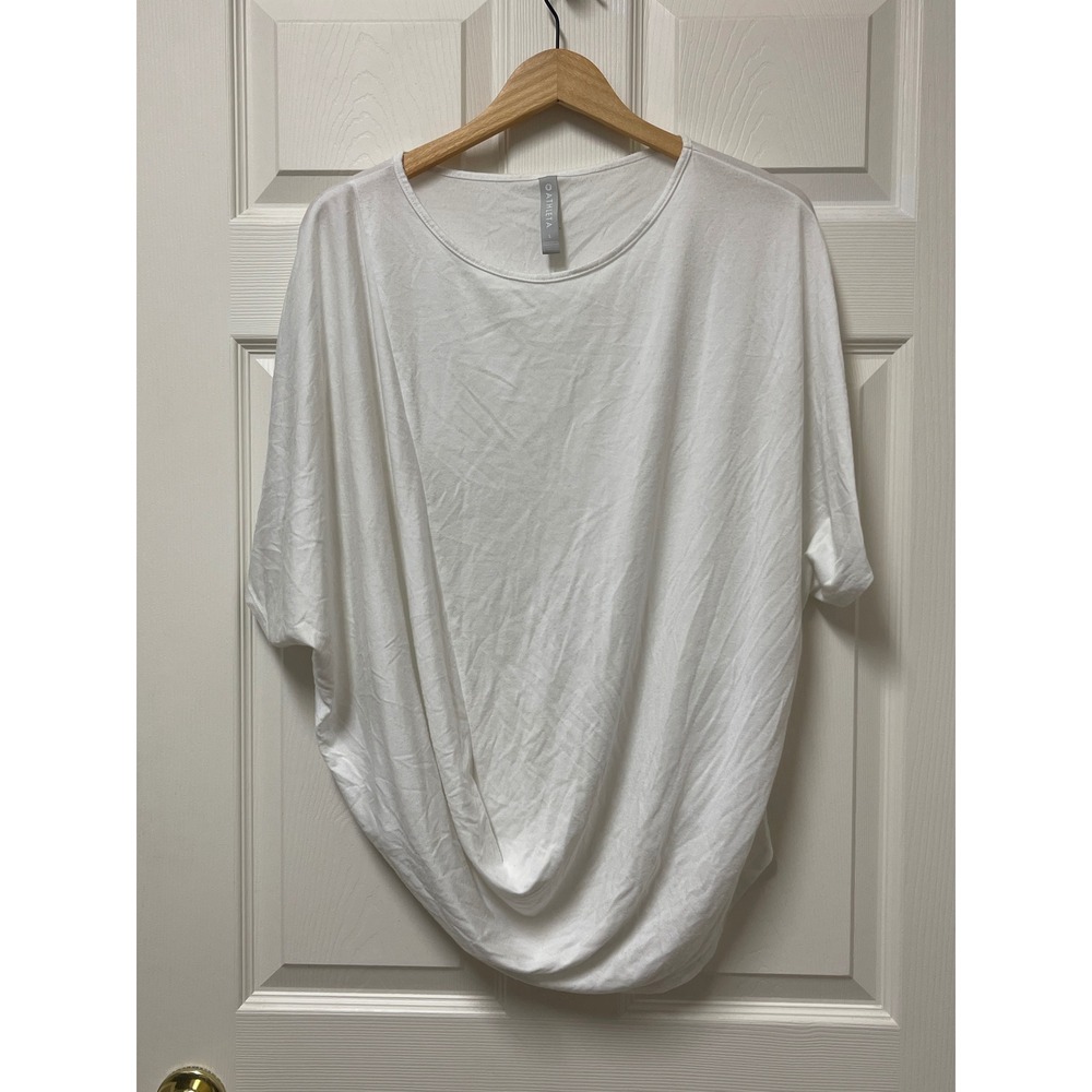 Athleta Womens Large White Draped Tee Modal Blend Short Sleeve Casual Top - Picture 2 of 11